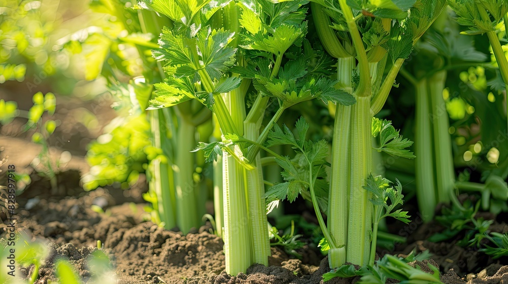Obraz premium celery growing close-up. Selective focus