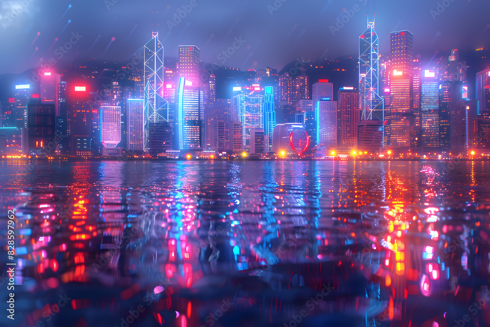Fototapeta premium Vibrant urban cityscape with neon lights reflecting on water, captured during a rainy night, highlighting modern architecture and dynamic energy.