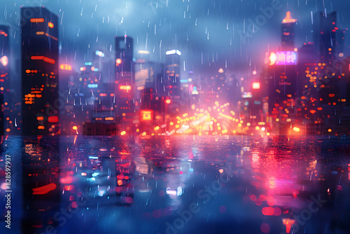 Vibrant cityscape at night in the rain, with colorful lights reflecting on wet surfaces, showcasing a futuristic urban environment.