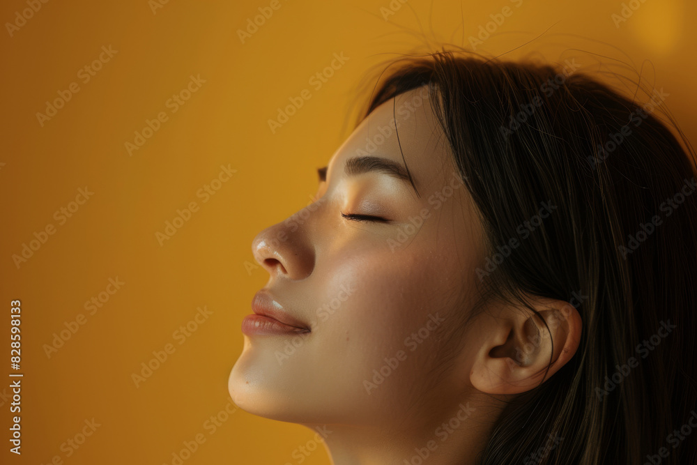 A close up of a woman's face with her eyes closed looking to a side A close up of a woman's face with her eyes closed looking to a side