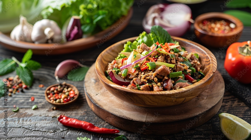 Authentic Thai Cuisine: A Flavorful Serving of Larb Moo with Minced Pork, Fresh Herbs, and Chili, Garnished with Red Onion and Mint - Generative AI Authentic Thai Cuisine: A Flavorful Serving of Larb Moo with Minced Pork, Fresh Herbs, and Chili, Garnished with Red Onion and Mint - Generative AI