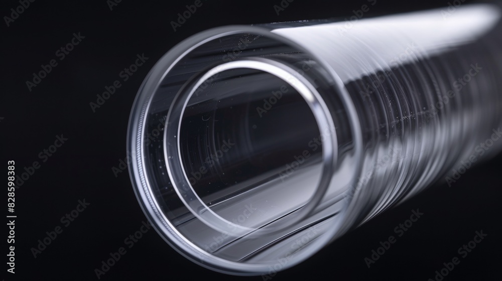 looking through clear silicone tube, circular hole, closeup, product shot, depth of field, black background looking through clear silicone tube, circular hole, closeup, product shot, depth of field, black background