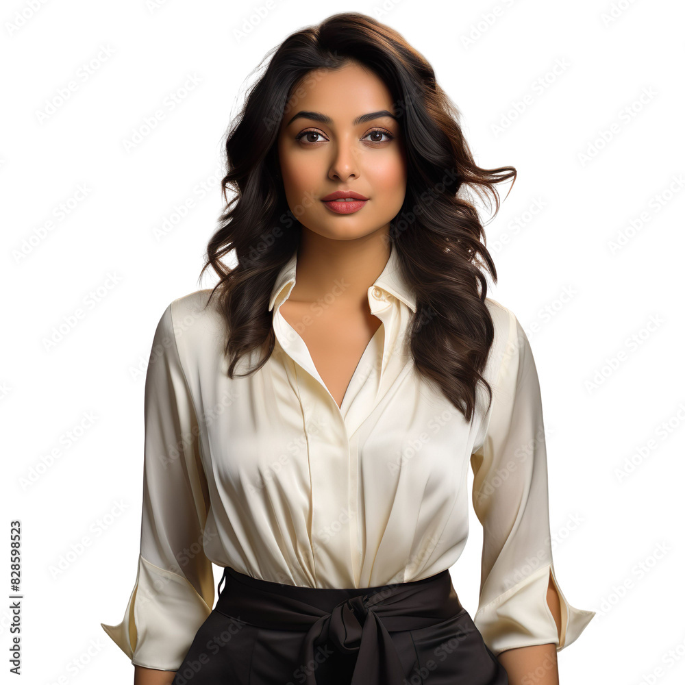 Front view mid shot of a beautiful Indian woman dressed in a cream-colored silk blouse and a tailored black skirt, smiling on a white transparent background Front view mid shot of a beautiful Indian woman dressed in a cream-colored silk blouse and a tailored black skirt, smiling on a white transparent background