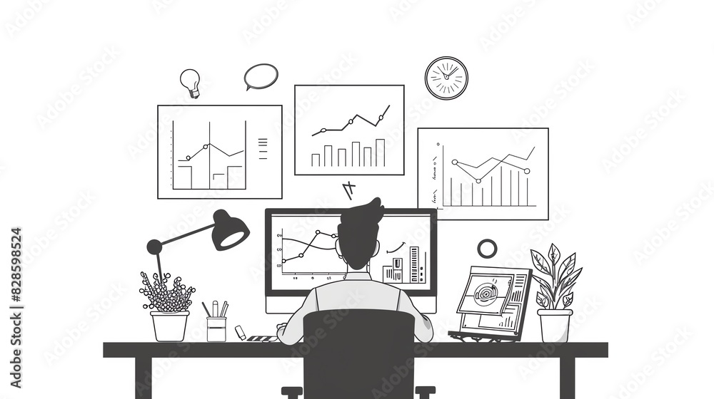 Digital marketing flat design front view business theme cartoon drawing black and white Digital marketing flat design front view business theme cartoon drawing black and white