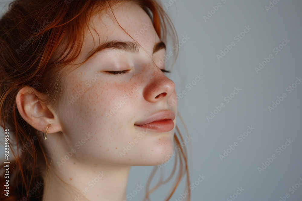A close up of a woman's face with her eyes closed looking to a side A close up of a woman's face with her eyes closed looking to a side