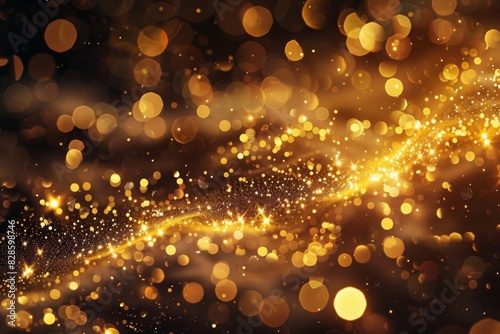 Sparkling gold lights are scattered on a black background, bokeh background