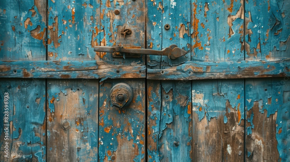 An old weathered blue door with peeling paint and rustic hardware