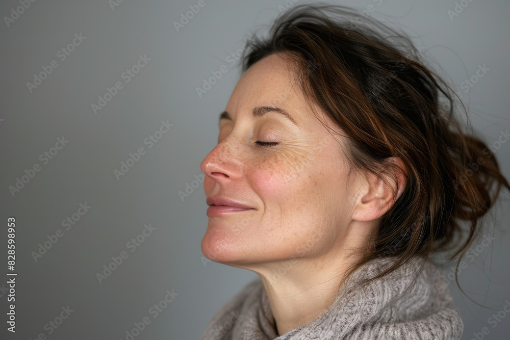A close up of a woman's face with her eyes closed looking to a side