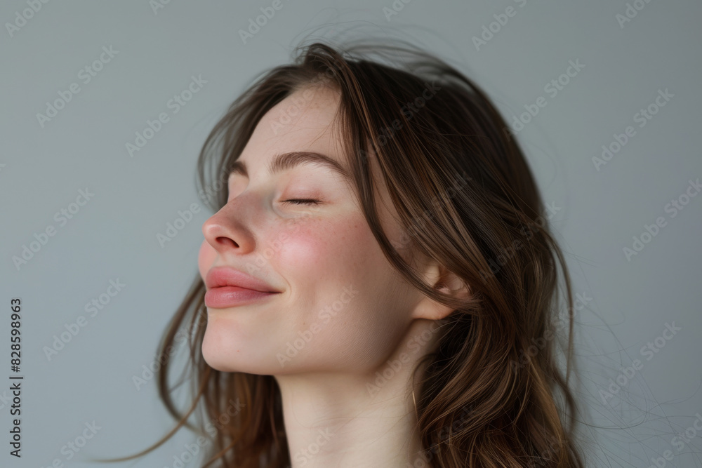 A close up of a woman's face with her eyes closed looking to a side A close up of a woman's face with her eyes closed looking to a side