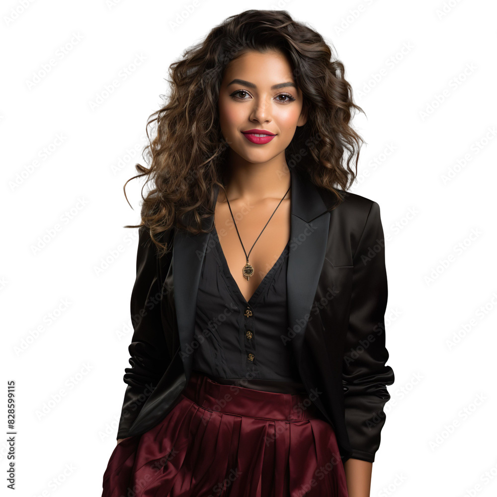 Front view mid shot of a beautiful Indian woman dressed in a black velvet blazer and a rich maroon satin skirt, smiling on a white transparent background Front view mid shot of a beautiful Indian woman dressed in a black velvet blazer and a rich maroon satin skirt, smiling on a white transparent background