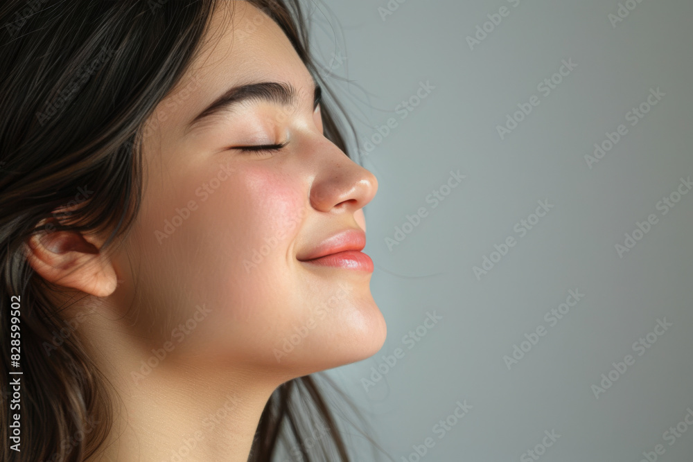 A close up of a woman's face with her eyes closed looking to a side A close up of a woman's face with her eyes closed looking to a side