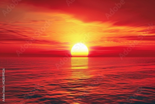 A red sunset over the ocean, the sun is in the center of the frame