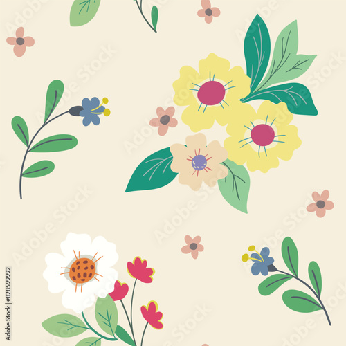 Seamless floral pattern, simple cute ditsy print decor, abstract cartoon flora ornament. Pretty botanical design: small, large hand drawn flowers, leaves, bouquet on light field. Vector illustration.