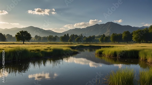 There is a large tree next to a calm river on a golf course. There is a mountain range in the distance. The sun is shining brightly.