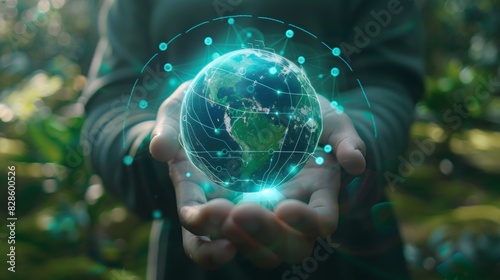 Man hands holding global network and data customer connection on nature background