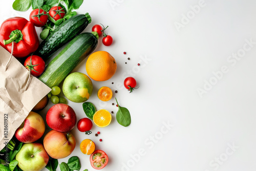 Healthy food background. Healthy food in paper bag vegetables and fruits on white. Food delivery  shopping food supermarket concept