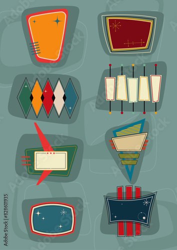 1950s - 1960s Space Age Shapes and Colors, Mid Century Modern Atomic Age Emblems, Labels, Logo Templates