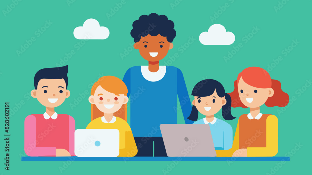 Creative banner of Teacher and school kids discussing over laptop in classroom. Back to school Creative banner of Teacher and school kids discussing over laptop in classroom. Back to school