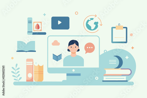 Video conference background design. Educational technology on pale green background