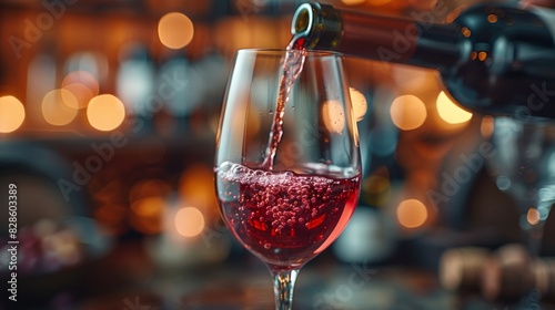 A close-up image capturing the dynamic moment of red wine being poured into a wine glass with a blurred background