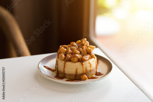 A decadent caramel cheesecake with a nutty macadamia topping.