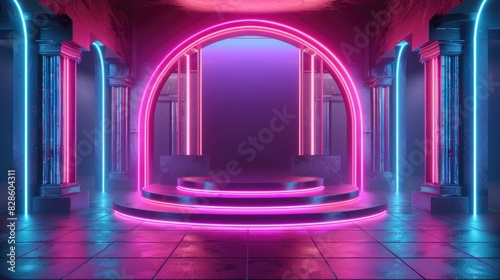 Futuristic neon lit stage with glowing arches and columns radiating vibrant hues © AdibaZR
