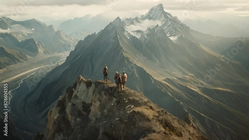 A group of hikers stands triumphantly on a rugged mountain peak, surrounded by vast ridges and valleys.