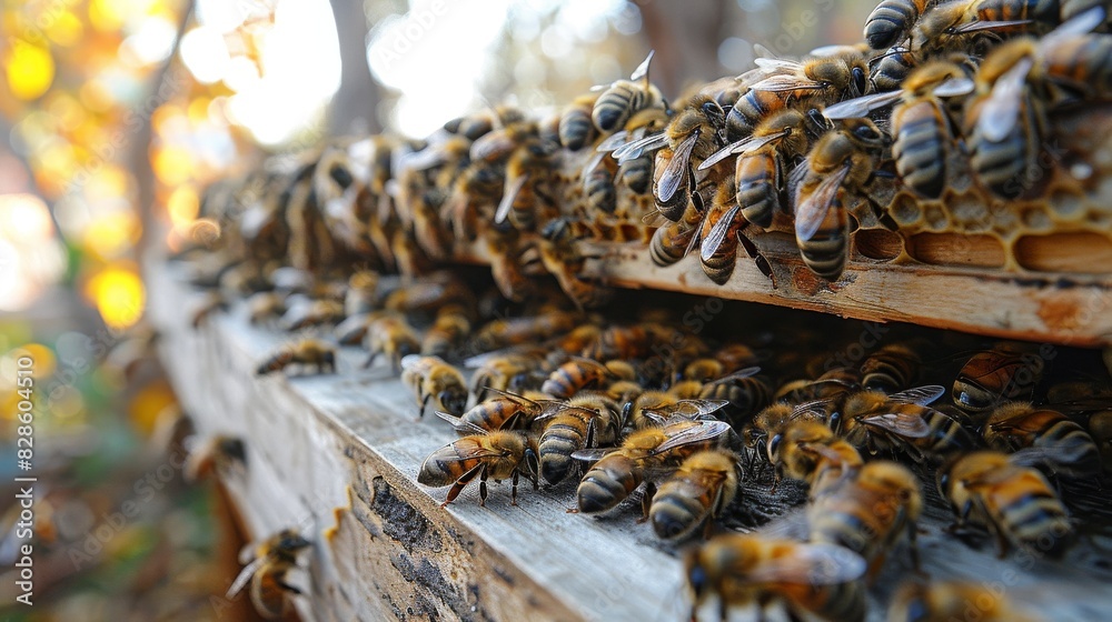 Busy bees gather densely on the edge of a wooden hive in vibrant natural surroundings