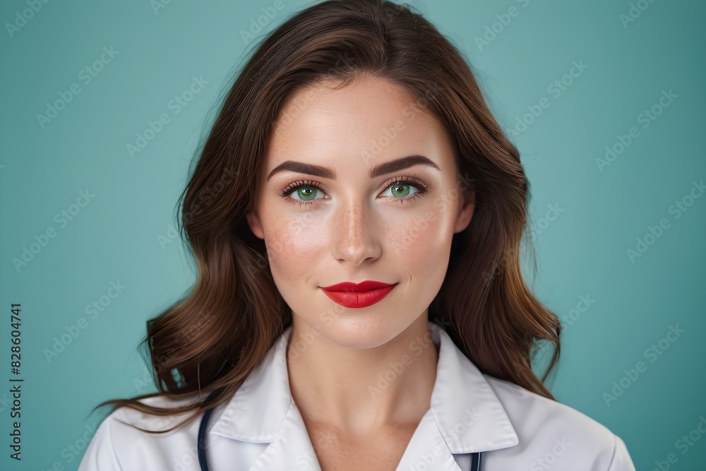 Beautiful female doctor with borwn hair and red lips in a professional uniform with a stethoscope on blue background, studio shot Beautiful female doctor with borwn hair and red lips in a professional uniform with a stethoscope on blue background, studio shot