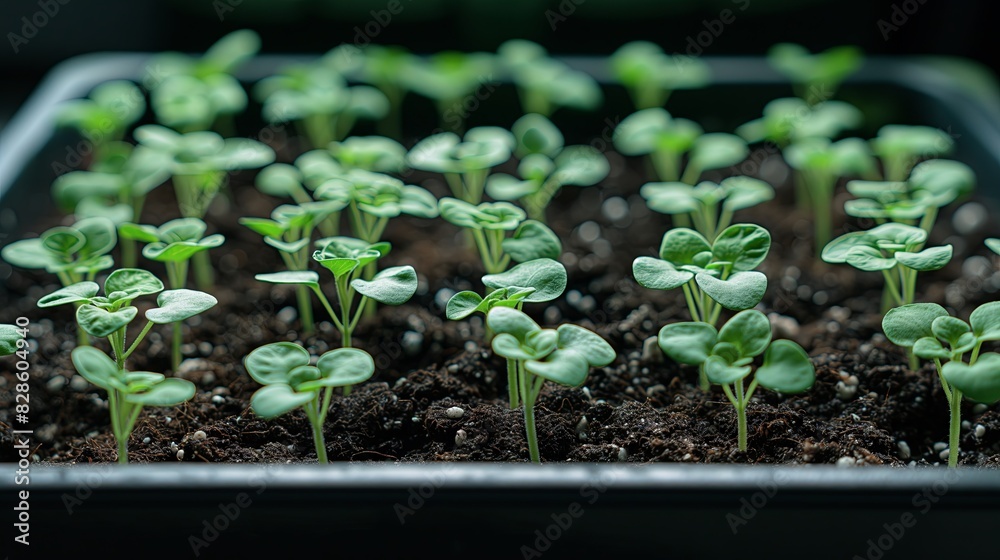 Closeup of small green seedlings sprouting in an indoor garden, macro photography, high resolution, professional photograph, sharp focus, natural lighting Closeup of small green seedlings sprouting in an indoor garden, macro photography, high resolution, professional photograph, sharp focus, natural lighting