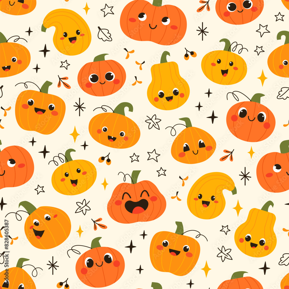 Fototapeta premium Vector seamless pattern of cute cartoon pumpkins for Halloween, Thanksgiving, harvest, autumn season design of wrapping paper, textile, wallpaper
