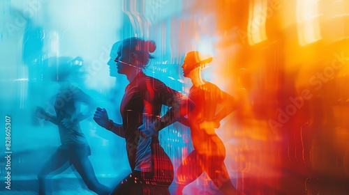 Dynamic motion blur image of people running, showcasing vibrant colors and energetic movement in a modern abstract style.