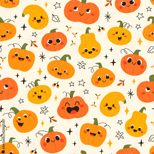Vector seamless pattern of cute cartoon pumpkins for Halloween  Thanksgiving  harvest  autumn season design of wrapping paper  textile  wallpaper