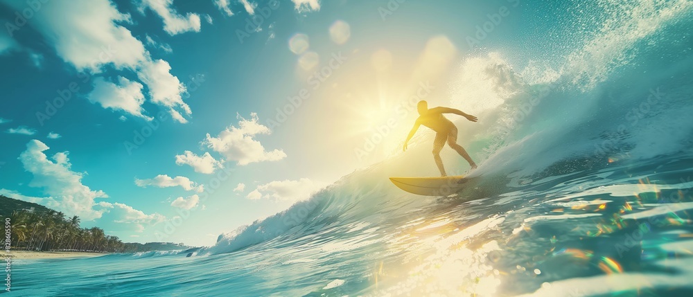Fototapeta premium Silhouette of a surfer riding a wave during a sunset with vibrant sky and ocean scenery, capturing the thrill and beauty of surfing.