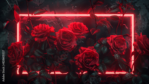 Beautifully shining rose in burgundy that shines beautifully with red neon lights, copy space, space for text, Generative AI.赤いネオンライトと共に綺麗に輝くワインレッドに美しく輝く薔薇、コピースペース,テキスト用スペース,Generative AI。 photo