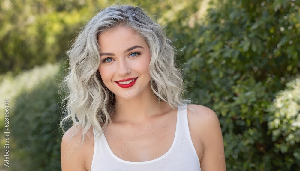 Beautiful young smiling woman with perfect skin, gray hair, red lips and a white tank top, outdoor background. Beautiful young smiling woman with perfect skin, gray hair, red lips and a white tank top, outdoor background.
