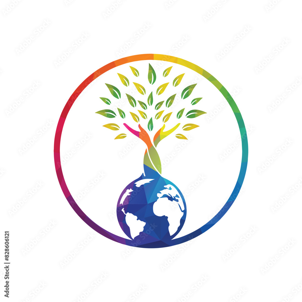 Globe and hand tree vector logo design. Nature and earth care concept ...