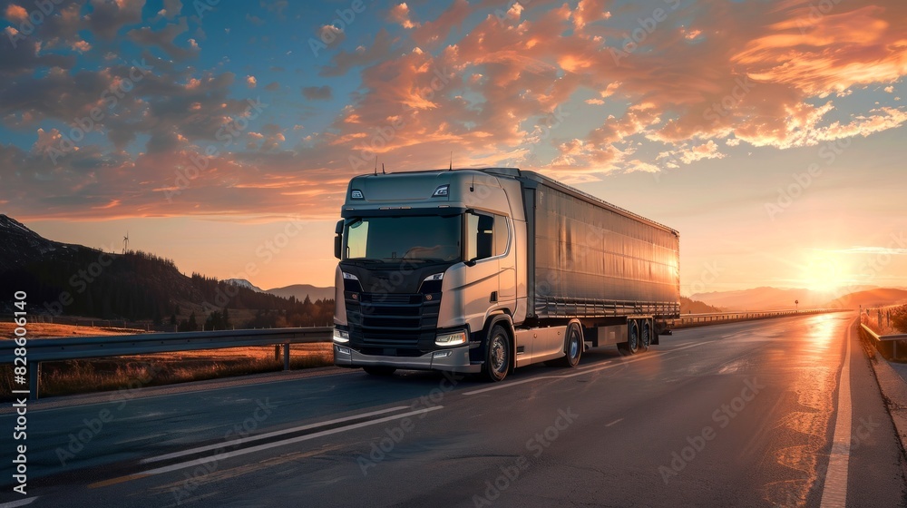 Modern silver truck on a highway at sunset. Transport vehicle on the road. Transportation, logistics, freight delivery, sunset journey concept