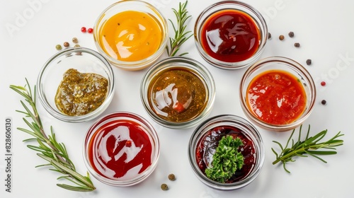 Wallpaper Mural Assorted colorful sauces in glass bowls arranged in a grid. Variety of condiments. Food, culinary diversity, flavor collection, dining concept Torontodigital.ca