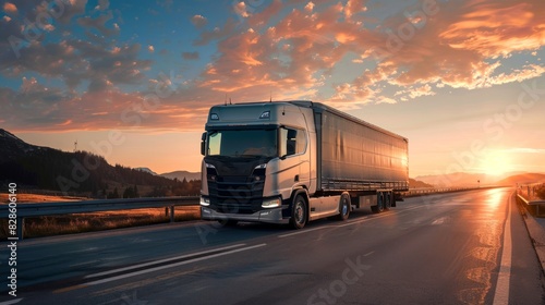 Modern silver truck on a highway at sunset. Transport vehicle on the road. Transportation, logistics, freight delivery, sunset journey concept