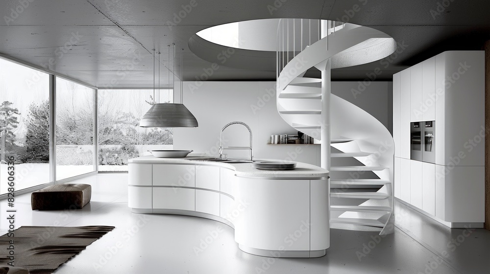 Modern white kitchen with a minimalist design featuring a curved island ...