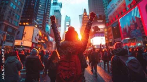 Person celebrating with raised arms among a crowd in a city street during the vibrant dusk hour