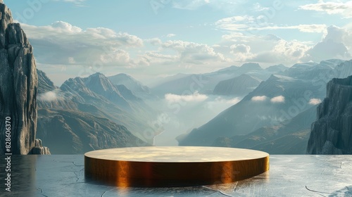 Golden podium set against a breathtaking mountain landscape with clouds