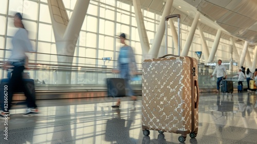 Brown suitcase in modern airport terminal. Luggage, travel, journey, transportation concept
