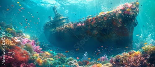 Underwater shipwreck covered in vibrant coral. © Rossarin