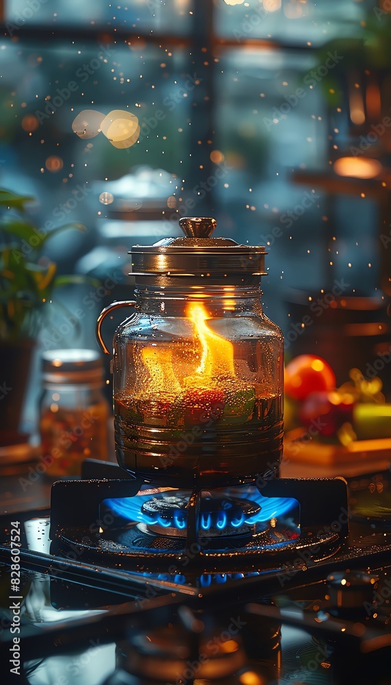 Cozy kitchen scene with a glass kettle boiling on a gas stove, greenery and vegetables in the background, capturing a warm, homey atmosphere. Cozy kitchen scene with a glass kettle boiling on a gas stove, greenery and vegetables in the background, capturing a warm, homey atmosphere.