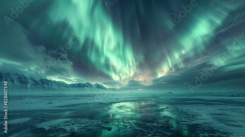 Majestic northern lights dance above a serene icy landscape, with a starry night sky