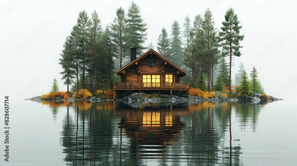 Fototapeta premium A cabin sits beside a serene lake, nestled among tall trees in a tranquil forest setting