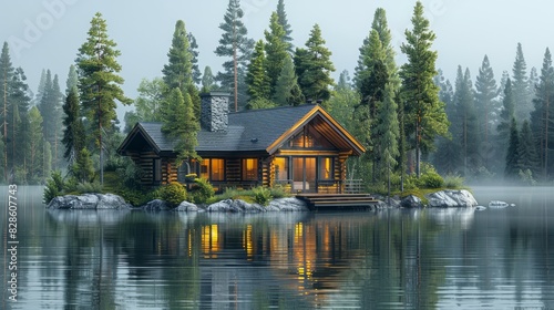A cabin stands on a small island surrounded by water in the middle of a lake