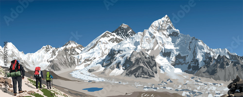 mount Everest and Nuptse as seen from Kala Patthar with three hikers, vector illustration, Mt Everest 8,848 m, Khumbu valley, Nepal Himalayas mountains